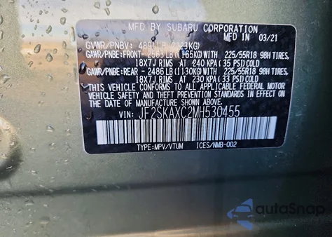 2021 Subaru Forester Touring z USA, uszkodzony, nr VIN JF2SKAXC2MH530455